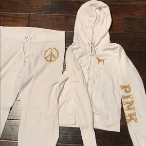 VS PINK tracksuit in white with gold rhinestones